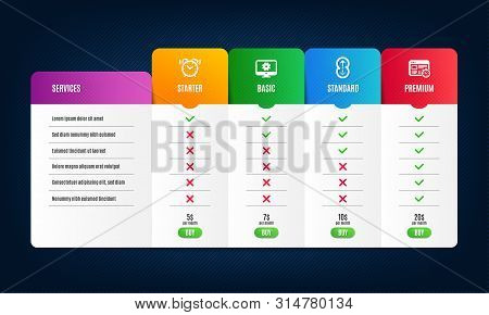 Swipe Up, Monitor Settings And Alarm Clock Icons Simple Set. Price List, Pricing Table. Web Timer Si