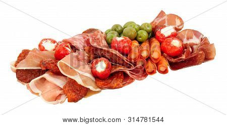 Gran Antipasto Snack Selection With Salami And Cured Meat Slices Isolated On A White Background