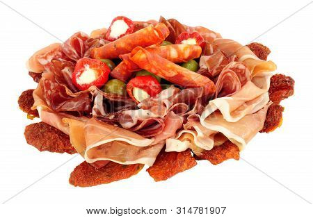 Gran Antipasto Snack Selection With Salami And Cured Meat Slices Isolated On A White Background