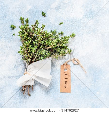 A Bunch Of Fresh Thyme Wrapped In Paper, Timo In Italian, Square