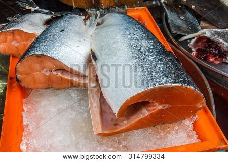 Fresh Salmon Fish For Sale On Khlong Toei Market, Bangkok, Thailand
