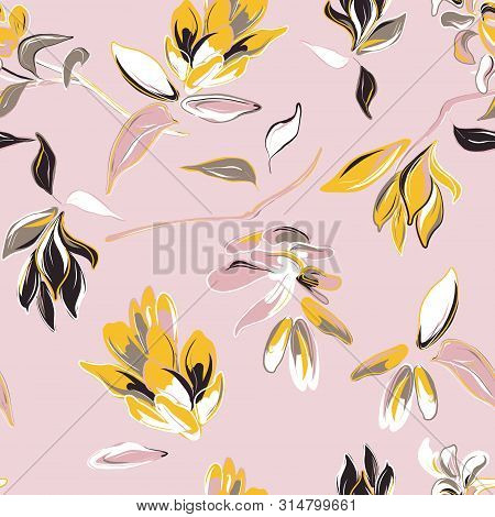 Pink Flower And Yellow Leaves Hand-drawn Background. Vector Summer Bloom, Isolated Botany Pattern. G