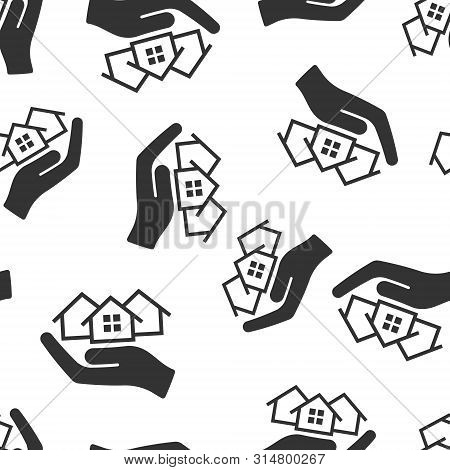Home Care Icon Seamless Pattern Background. Hand Hold House Vector Illustration On White Isolated Ba