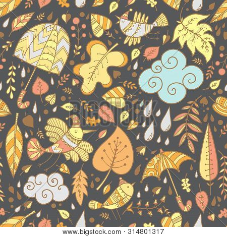 Seamless Pattern With Cute Cartoon Birds And Umbrellas On Dark  Background. Falling Leaves. Rainy We