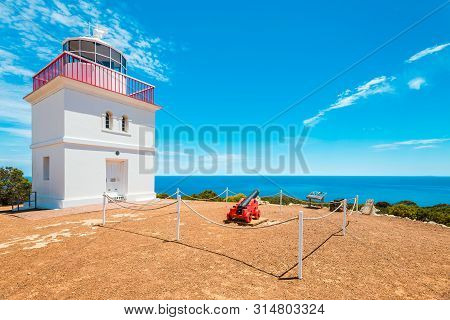 Kangaroo Island, South Australia - January 15, 2019: Iconic Square Shaped Cape Borda Lighthouse With