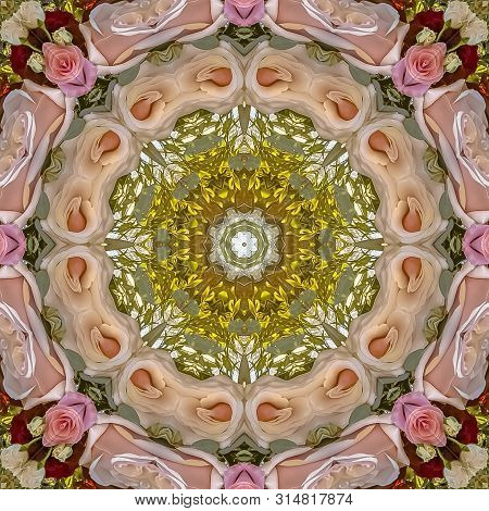 Square Pink Roses And Green Leaves Made Into An Abstract Shape At Sunset For A California Wedding Wi