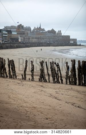 View Of Beach And Old Town Of Saint-malo. Brittany, France
