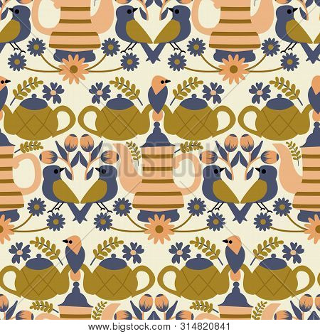 Teapots And Birds In A Folk Art Seamless Pattern