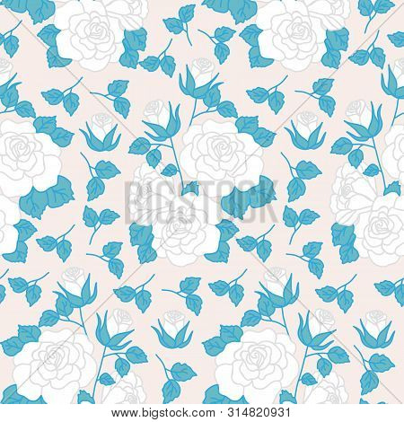 White Roses With Blue Leaves, In A Seamless Pattern Design