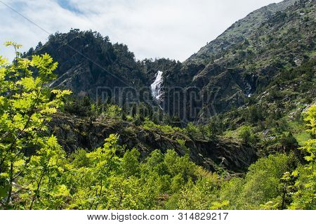 Landscape With Waterfall In The Mountains In Summer At Parc Natural Del Comapedrosa, Arinsal, Andorr