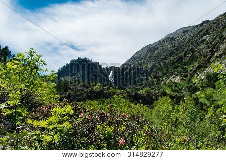 Landscape With Waterfall In The Mountains In Summer At Parc Natural Del Comapedrosa, Arinsal, Andorr