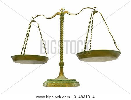 Antique Gold Brass Balance Scales Isolated On White Background. Gold Bronze Weight Balance As Sign O
