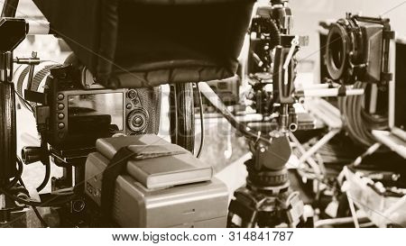 Film Industry. Filming With Professional Camera Background