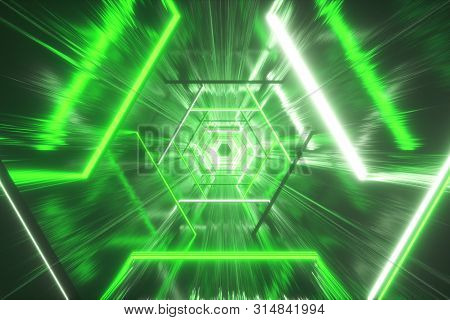 Flying Through Glowing Neon Hexagon Creating A Tunnel With Grunge Reflection, Green Spectrum, Fluore