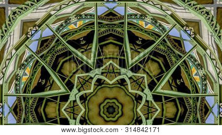 Panorama Frame Circular Green Metal Bars Created Using Reflections In A Rounded Shape From A Bridge 