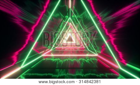 Flying Through Glowing Neon Triangles Creating A Tunnel With Grunge Reflection, Fluorescent Ultravio