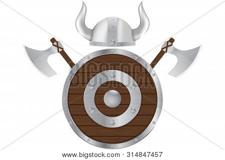 Warrior Equipment - Shield, Axes And Helmet. Vector 3d Illustration Isolated On White Background