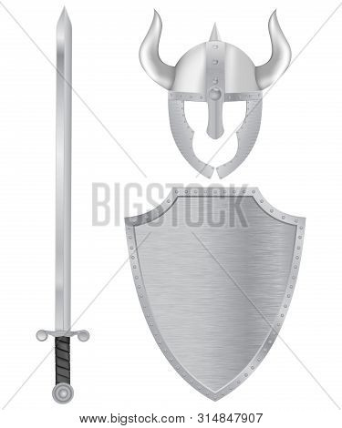 Warrior Equipment - Shield, Sword And Helmet. Vector 3d Illustration Isolated On White Background