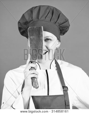 Dangerous Lady. Best Knives To Buy. Stainless Steel. Be Careful While Cut. Woman Chef Hold Sharp Kni