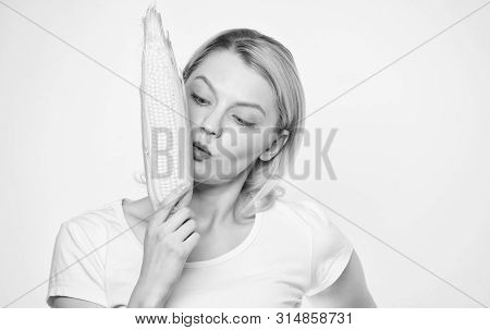The Flavor Is So Rich. Healthy Teeth. Hunger. Corn Crop. Vitamin And Dieting Food. Woman Eating Corn