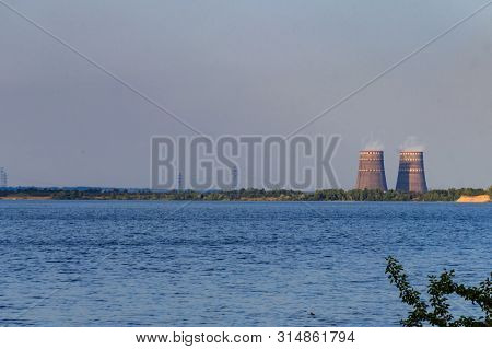 View Of The Kakhovka Reservoir And Enerhodar Town On Horizon. Zaporizhia Region, Ukraine