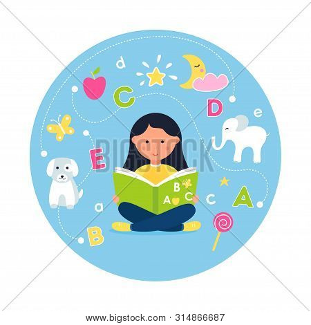 Girl Reading Abc Book. Concept Of Teaching Reading Through Phonics