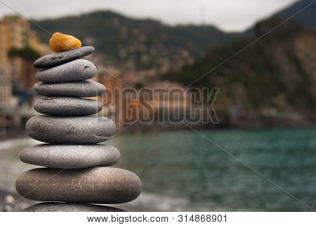 One Pyramid Of Stones Of  A Little Village Near Genoa On The Mediterranean Sea In The Nouth Of Italy
