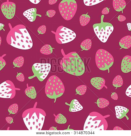 Maroon, Pink And Green Random Strawberry Vector Repeat Pattern.  Suitable For Fabric, Paper, Furnish