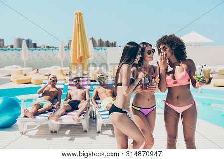 Poortrait Of Tree Brunette Girls Saying News Holding Juice Alcohol Wearing Eyeglasses Eyewear Outdoo