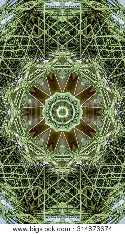 Vertical Very Busy Patterned Photo Created From The Shapes Of A Green Bridge In California