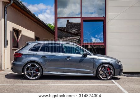 France Lyon 2019-06-20 Closeup Side View Of Premium Sports Car Dark Gray Hatchback Audi Rs 3, Low Pr