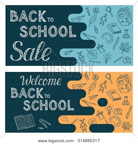 Back To School Horizontal Flyer. Composition With Educational Pattern. Hand Written Lettering 