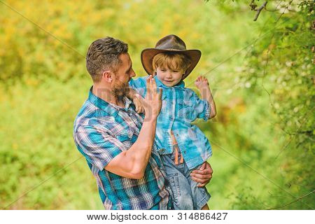 Happy Man Dad In Forest. Human And Nature. Family Day. Happy Earth Day. Eco Farm. Small Boy Child He