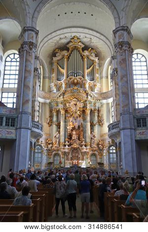 Dresden, Germany - May 10, 2018: Interior View Of Frauenkirche Lutheran Church In Dresden City, Germ