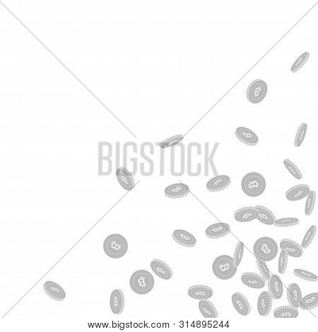 Bitcoin, Internet Currency Coins Falling. Scattered Black And White Btc Small Coins. Jackpot Or Succ