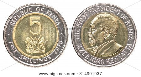 Coin 5 Shilling Kenya Isolated On White Background - Set