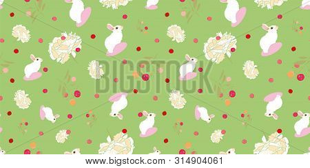 Green Floral Pattern With White Rabbit, Floral And Pink Dot. Surface Pattern Design.