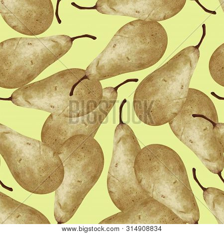 Vector Set Of Seamless Patterns With Hand-drawn Harvest Juicy, Delicious Rich Soft Pears Conference,