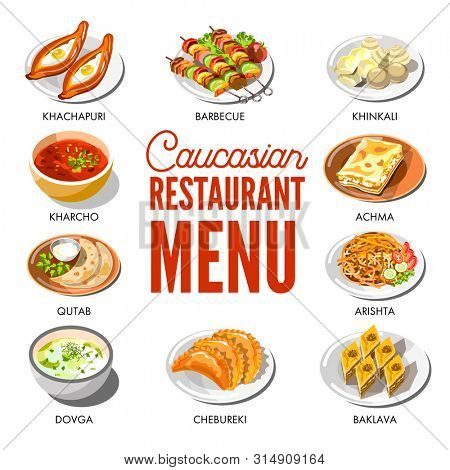 Caucasian restaurant menu with traditional dishes on plates.  colorful poster in flat design of Barbecue course, Khachapuri meal, Arishta salad, Baklava, Dovga soup emblems poster on white