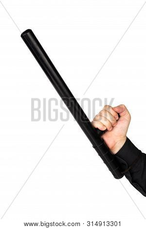 Hand In Black Shirt With Black Rubber Police Baton Isolated On White Background
