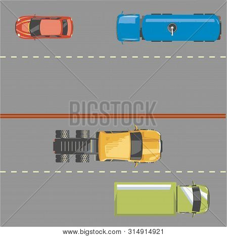 Highway Traffic Concept With Top View Cars And Trucks On Asphalt Road Vector Illustration