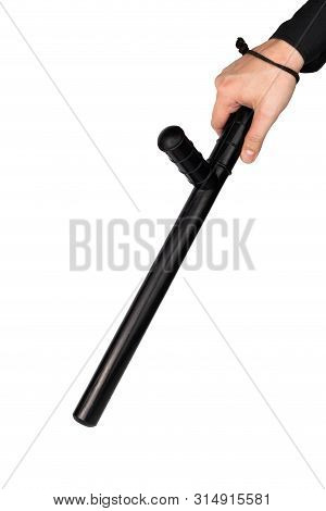 Hand In Black Shirt With Black Rubber Police Baton Isolated On White Background
