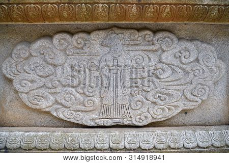 Kaesong, North Korea - May 5, 2019: Granite Bas-relief Depict A Holy Mouse On The Wall Of Tomb Of Ki