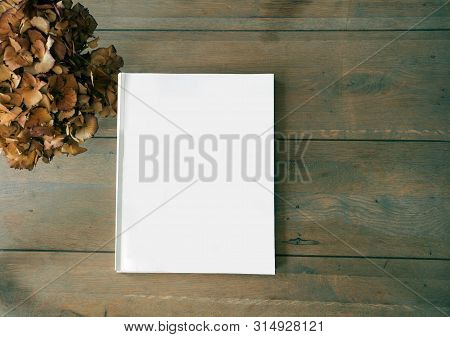 Blank Magazine Or Brochure On Wooden Background Texture, Top View And Space For Text Emplate For You