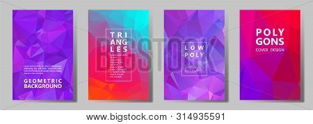Facet Triangles Vibrant Brochure Covers Vector Graphic Design Set. Crystal Texture Polygonal Pattern