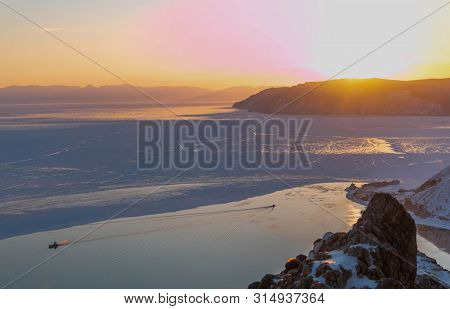 Landscape Of Headwaters Area Of Lake Baikal In Winter Season; Some Area Water In Lake Become Ice; Un