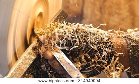 Carpenter Cuts Wood By Graver. Woodworker Handles Wood By Bench. Making Beautiful Wooden Handmade Di