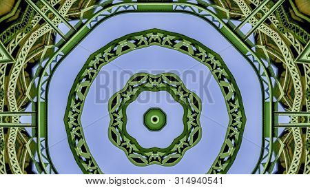 Panorama Busy Circular Green Metal Bars Created Using Reflections In A Rounded Shape From A Bridge I