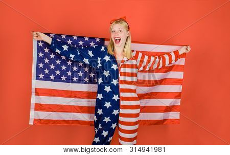 Independence Day Celebration. Summer Holiday. Fashion Girl With American Flag In Hand. National Colo