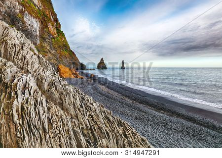 Amazing Landscape With Basalt Rock Formations Troll Toes On Black Beach Reynisfjara Near The Village